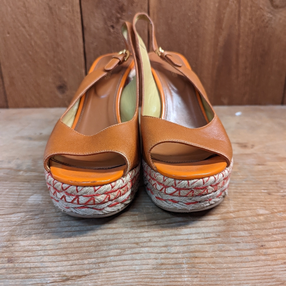 Sergio Rossi slingback wedge‎ espadrilles orange, raffia leather size 37 spain - Picture 3 of 5